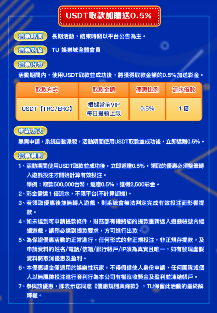 TU娛樂城2025 USDT取款加贈活動解析|領取0.5%彩金無門檻、快速出入金教學 1 TU娛樂城2025 USDT取款加贈0.5%活動詳情,包含活動時間、參與對象、優惠比例與注意事項說明