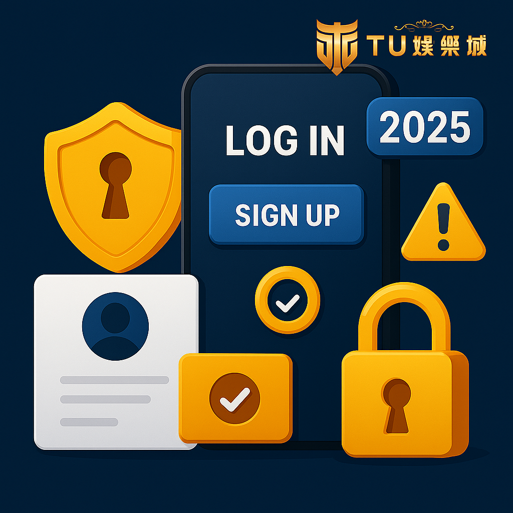 【2025線上娛樂城登入註冊觀察解析】TU娛樂城為何能讓人一註冊就上癮? 1 TU娛樂城2025登入註冊安全圖示:包含登入按鈕、註冊頁面、個人資料卡、鎖頭與警告圖案,呈現安全驗證與帳號保護概念。
